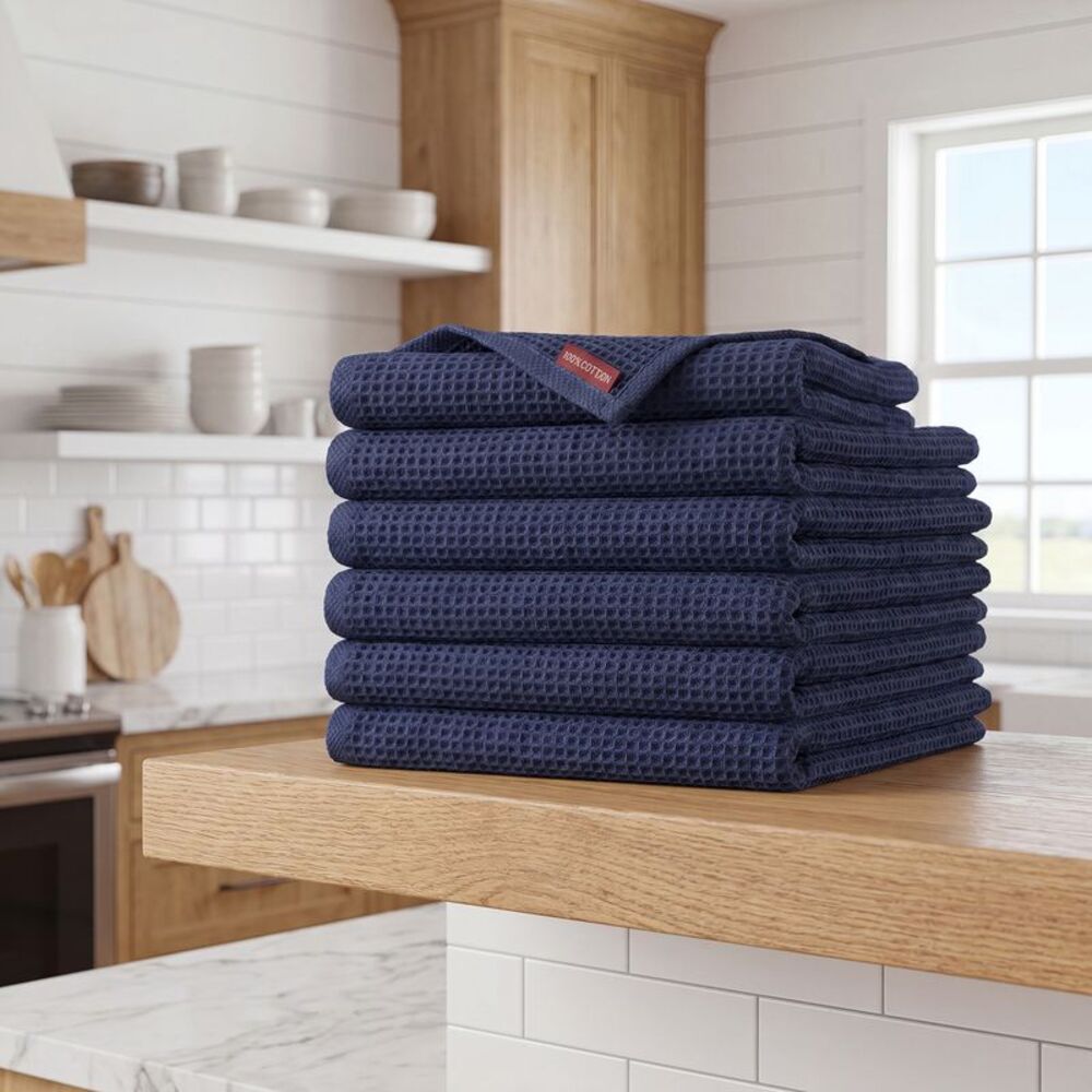 100% Cotton Double-Sided, Absorbent Dish Cloths, 14" x 14" 6 Pack Navy Blue